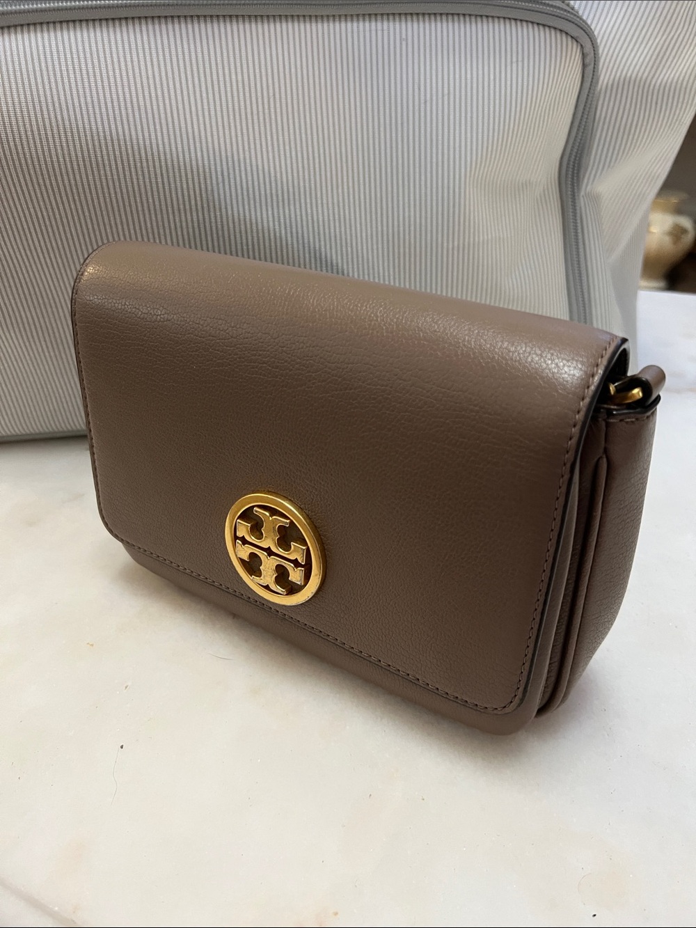 Tory Burch Taupe Leather Crossbody with Gold Logo - Picture 13 of 13